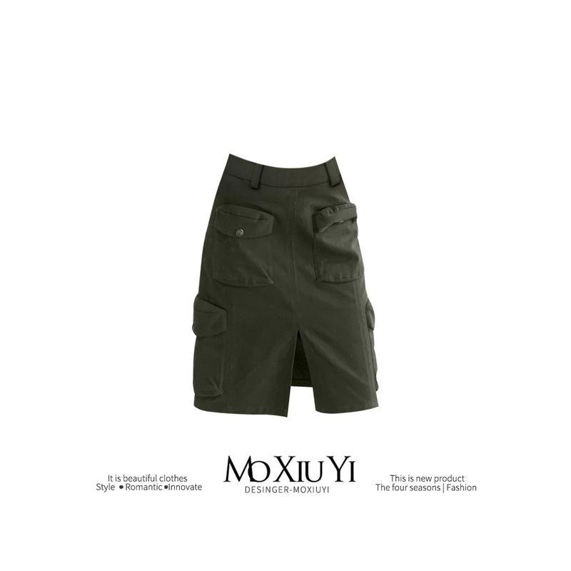 

Moxiuyi [In Stock] Private Clothes Are Not Greasy! Niche Style Suit Skirt Stylish Classy Split Straight Skirt Cool Black S