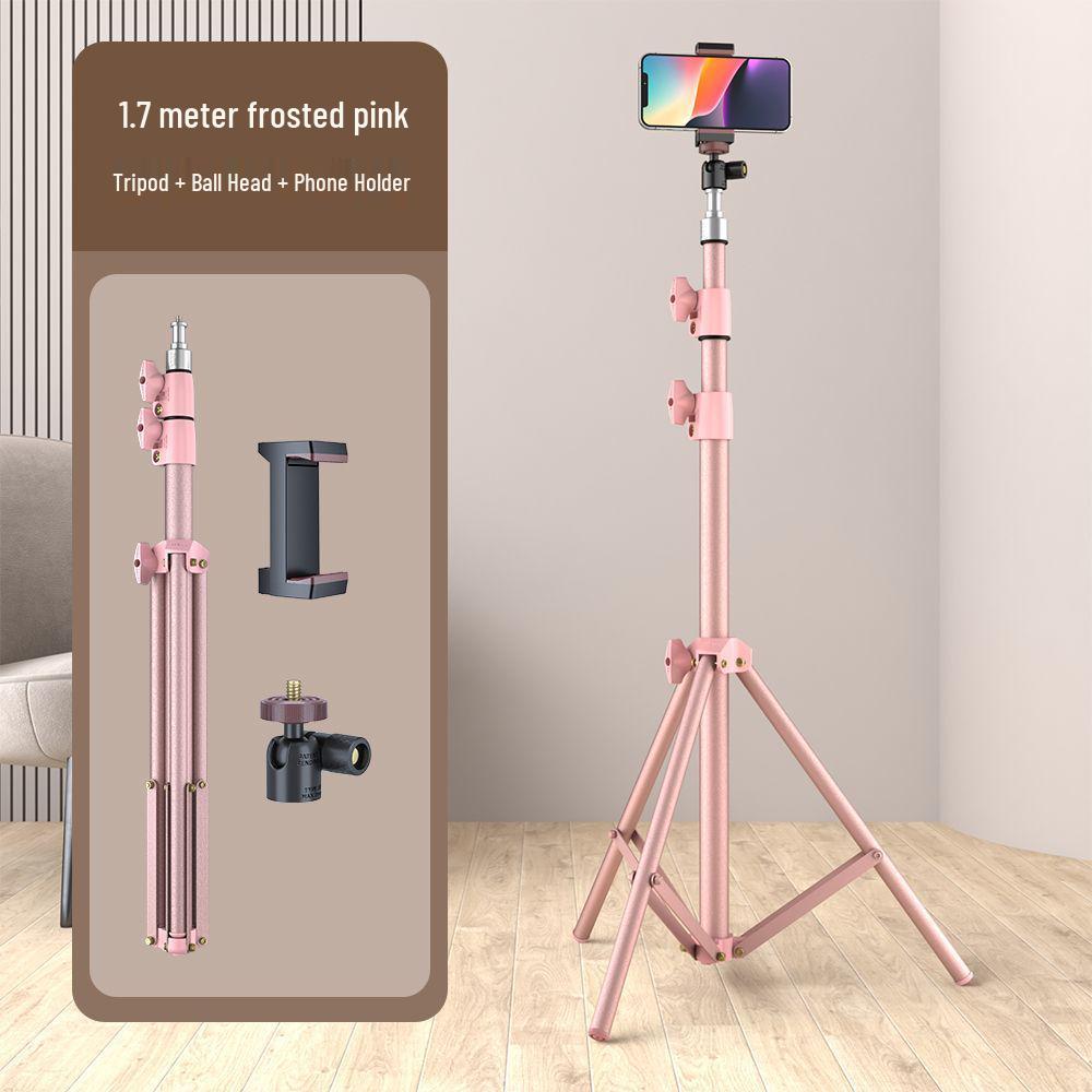 1.7m Portable Pink Tripod with Gilded Micro-Frosted Metal Finish and Phone Fill Light.