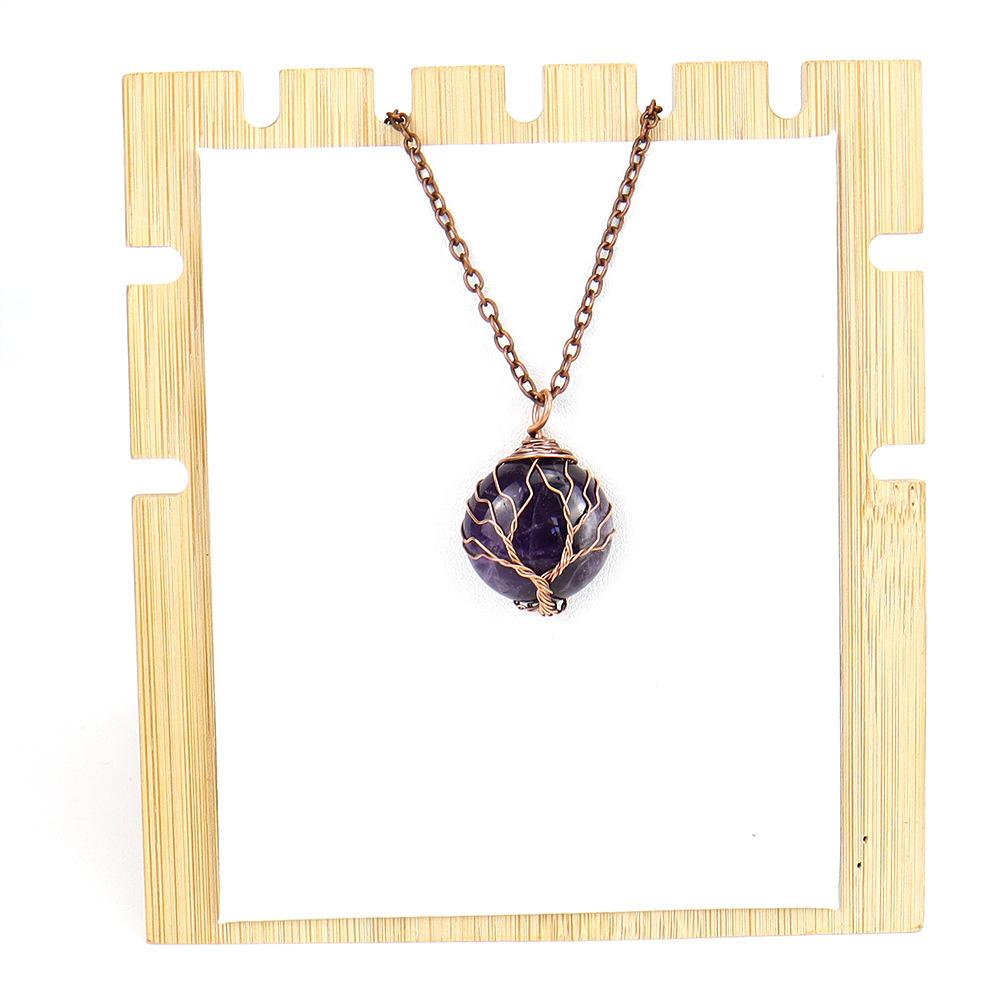 Natural Crystal Rough Stone Amethyst Round Winding Tree Of Life Pendant Necklace N647