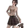 2026 Autumn Women's Retro Khaki Plaid Pleated High Waist A-line Short Skirt with Slimming Fit