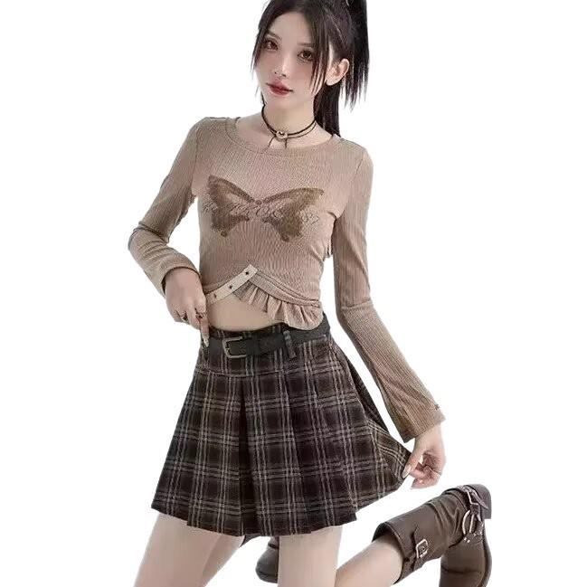 2026 Autumn Women's Retro Khaki Plaid Pleated High Waist A-line Short Skirt with Slimming Fit