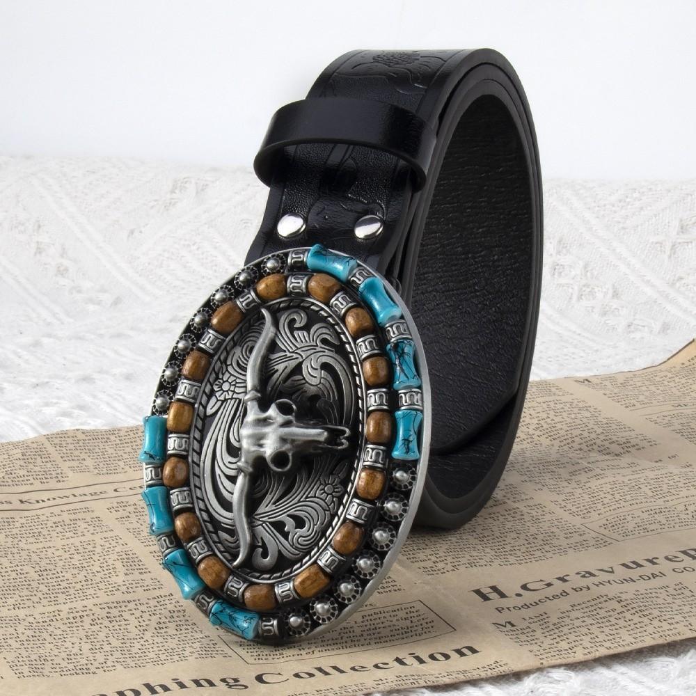Carved Western Cowboy Belt Cow Head Buckle Embossed Belt Luxury Waistband  For Man Women