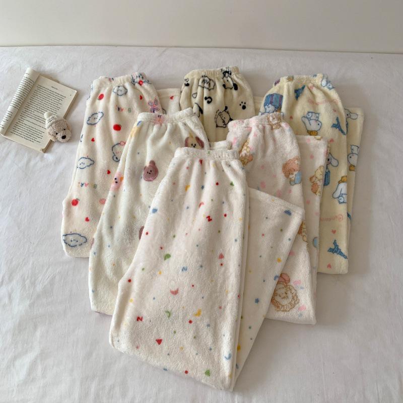 Women's Flannel Plaid Sleep Pants - Autumn/Winter Velvet Warm Coral Fleece Pajama Bottoms