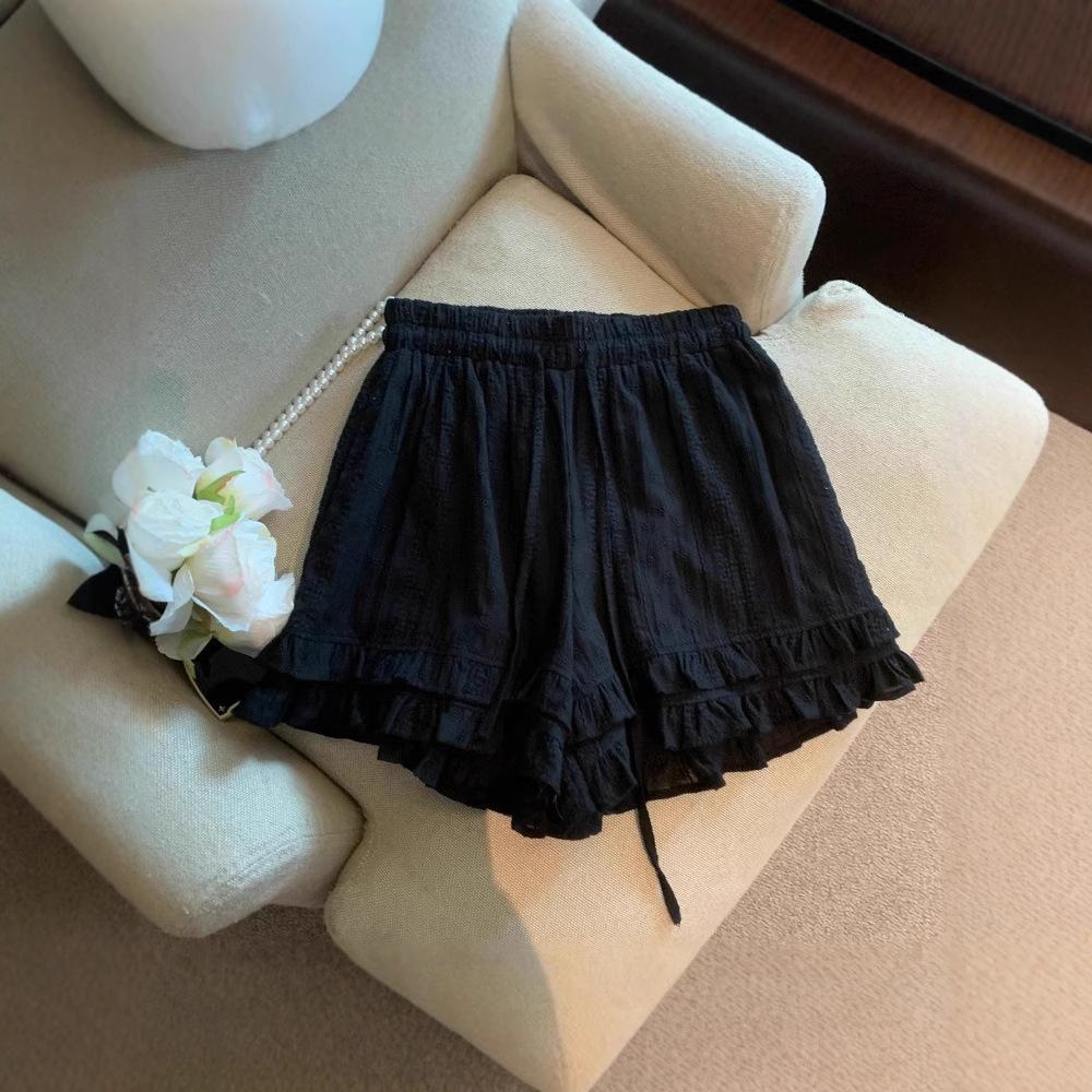 Women French Lace Ruffle Wide Leg Shorts 2025 Summer Loose Casual Elastic Waist A-line Hot Pants Bottoms