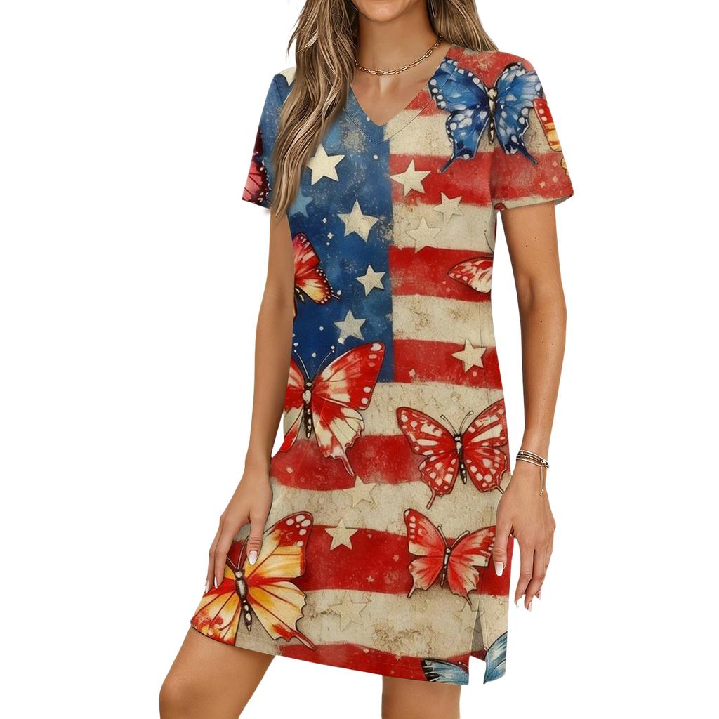 Women's Casual V-neck Short Sleeve Split Hem Independence Day Printed Dress