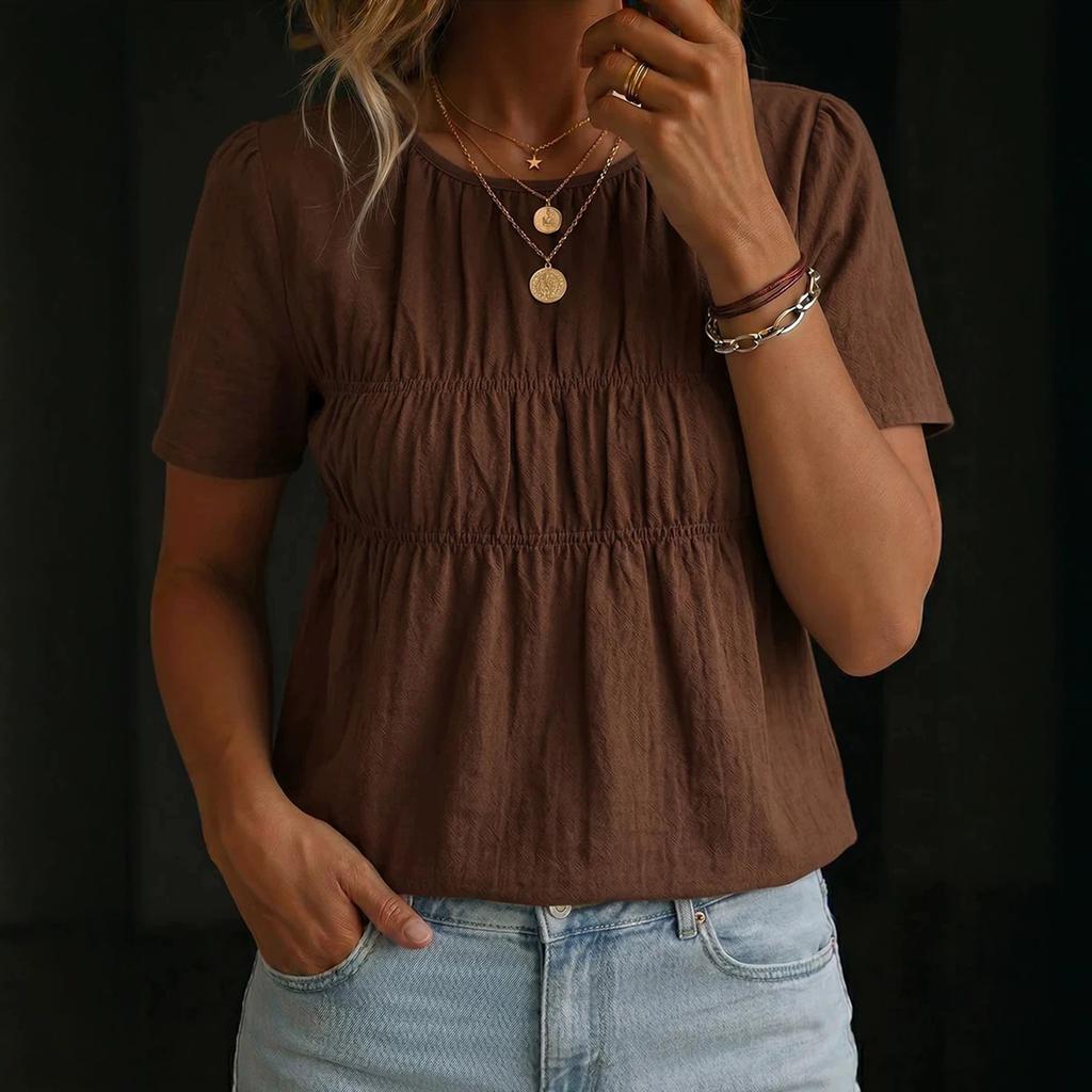 Women's Casual Short Sleeve T-Shirt Round Neck Solid Color Gathered Waist Relaxed Fit Lightweight Top for Everyday Wear
