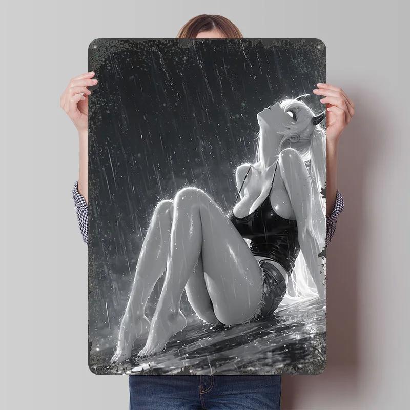 Anime Girl In Rain Black and White Poster Customized Wall Art Vintage Metal Signs Retro Tin Plaque for Man Cave Coffee Bar Decor