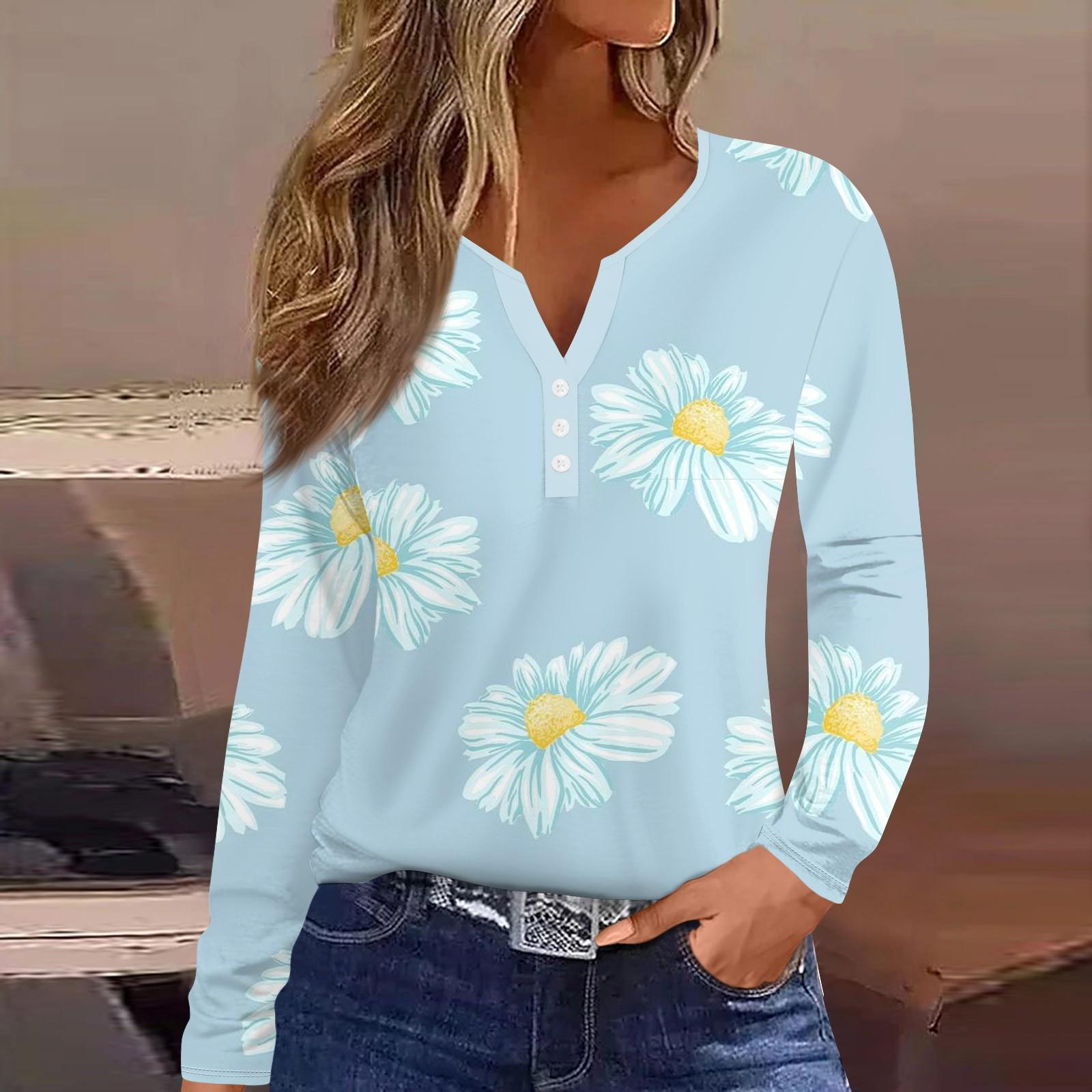 

Женская мода, повседневная футболка с цветочным принтом, V-образным вырезом, длинными рукавами и пуговицами, топ с длинными рукавами S