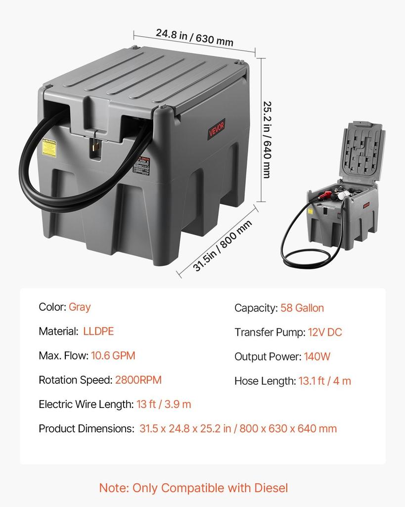 Portable Diesel Tank, 220L Capacity & 10 GPM Flow Rate, Fuel Tank with 12V Electric Transfer Pump and 4 M Hose, PE Diesel Transfer Tanks for Easy Fuel