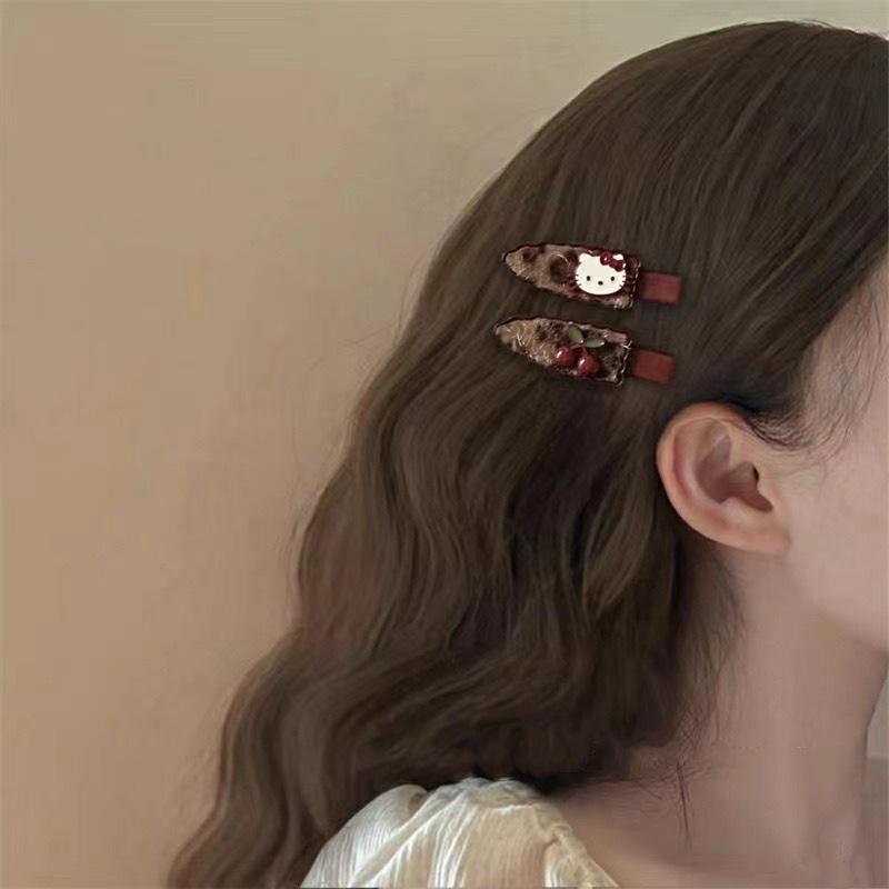 Cherry Leopard & Gingham Bow Hair Clips – 2-Piece Korean Style Vintage Accessory for Autumn/Winter