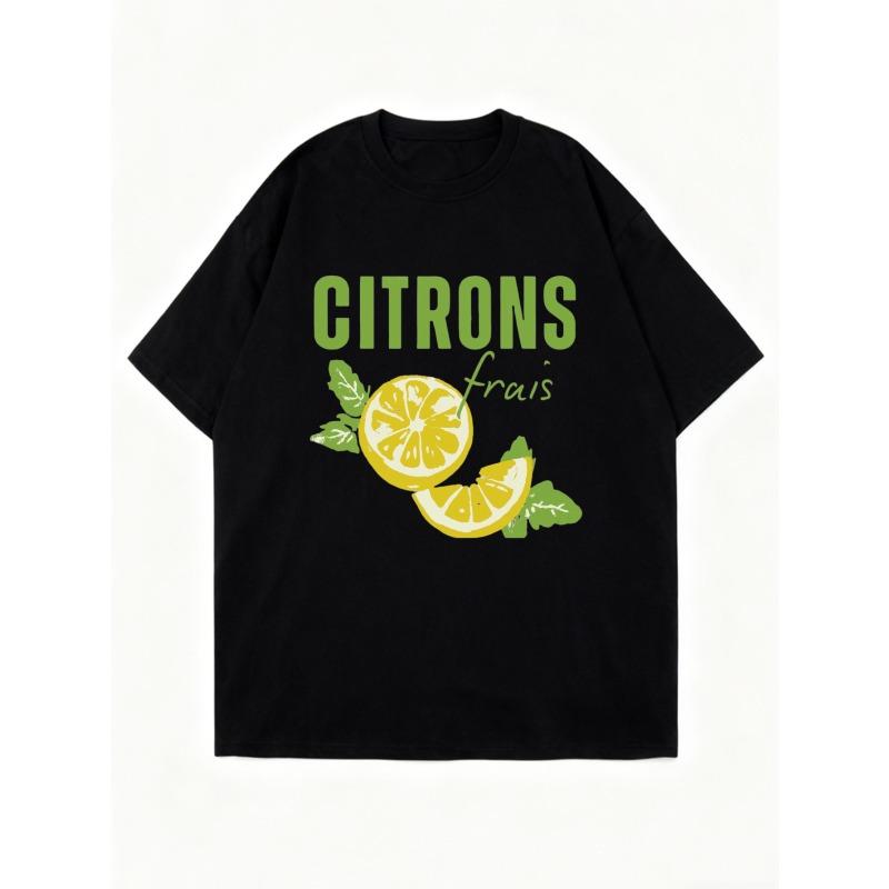 Oversize T-shirt Czarny Citrons Frais Nadruk Cytryn i Tekst Letnia Codzienna Odzież