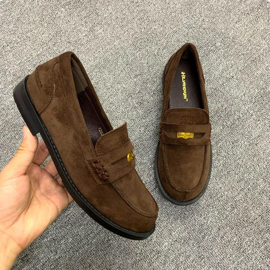 Spot second hair! Fashion versatile new horse leather retro polished small gold coin thick heel platform loafers small leather shoes