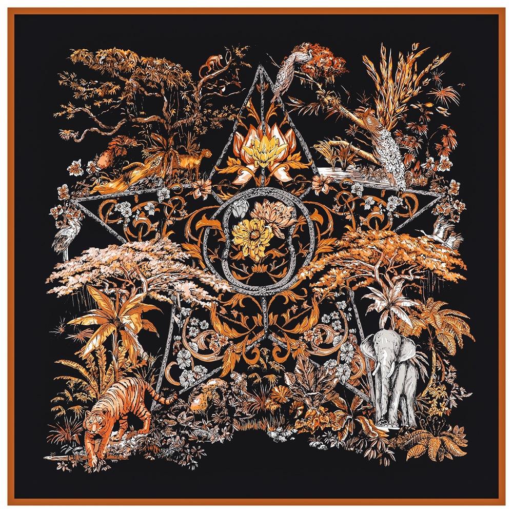 

Silk Scarf Women Large Shawl Plant Jungle Tiger Elephant Stoles Square Bandana Luxury Kerchief Hijab Scarf Female Foulards 130CM 130X130CM