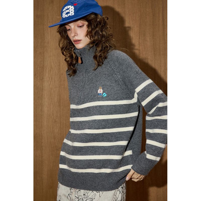 Coolhut2025 Autumn and Winter Oversize Half-Zip Casual Stripesd Women's Knitted Knitwear