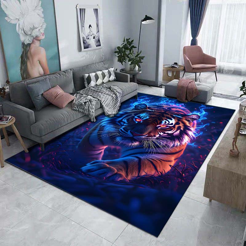 1PC Tiger, blue flames, fantasy Print Carpet Rug for Living Room Bedroom Sofa Doormat Home Decor Non-slip Floor Mat