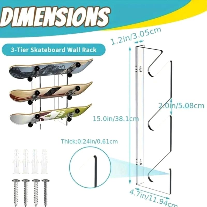Acrylic Skateboard Hanger Snowboard Storage Rack 3 Layer Skateboard Display Shelf Space Saving Wall Organizer Enduring