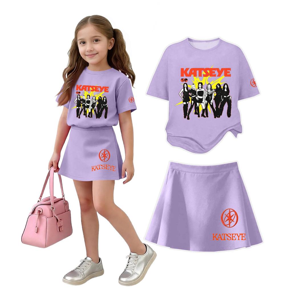 Girls Casual Loose Fit Short Sleeve Crew Neck T-Shirt and Skirt Set Lightweight Comfortable Soft Fabric Suitable for Everyday Wear