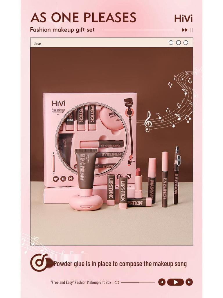 Hivi Cosmetic Gift Set: 9-Piece Makeup Kit with Lipstick, BB Cream, Powder, Mascara, Eyeliner, and Brow Pencil V107A.