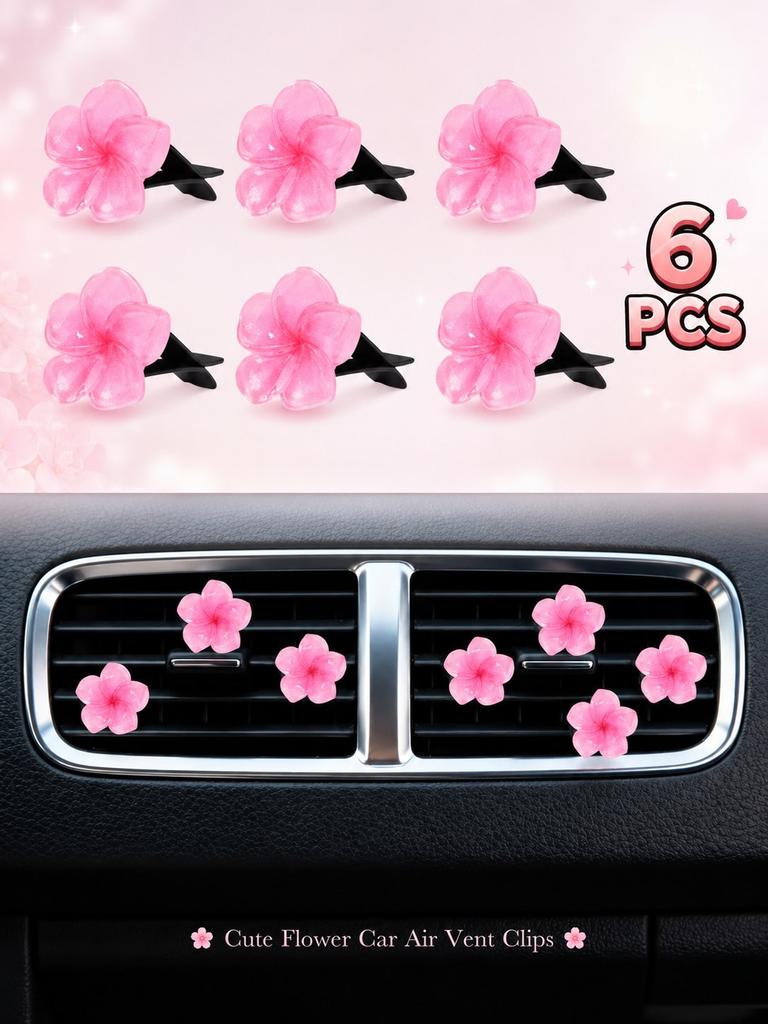 6pcs Pink Flower Car Air Vent Clips, Cute Floral Auto Interior Decor, Sweet Dashboard Accessories for Women