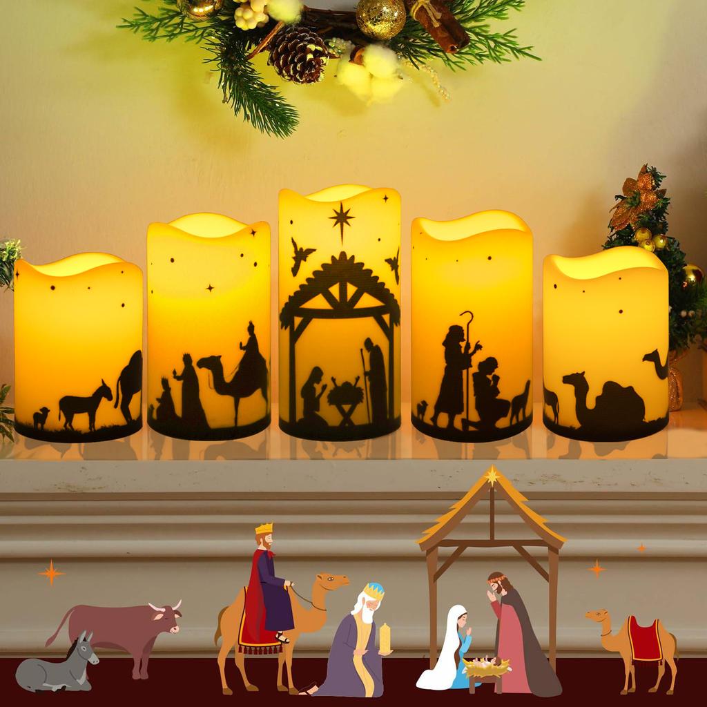 5pcs Flameless LED Christmas Nativity Scene Candle Lights Battery Powered Religious Pillar Decoration for Indoor Holiday Home