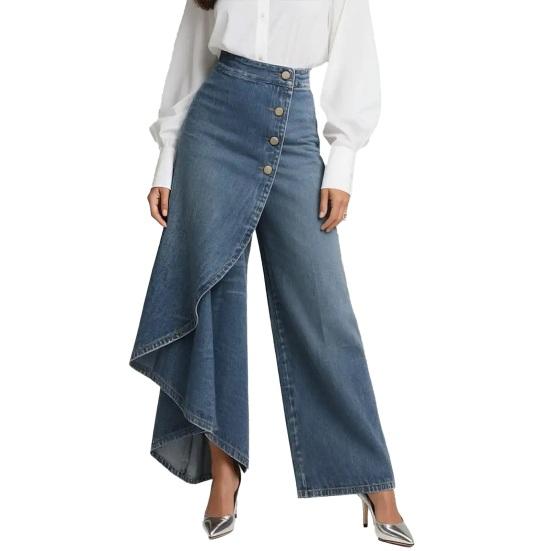 Flowy Jeans for Women High Waisted Asymmetrical Wrap Denim Pants Button Up Wide Leg