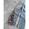 ROADVIBE Vintage Kirschblüte Schwarzer Ritter Stickerei Jeans Y2k Retro Baggy Gerade Denim Hose Blaue Waschung Jean Herrenbekleidung Streetwear