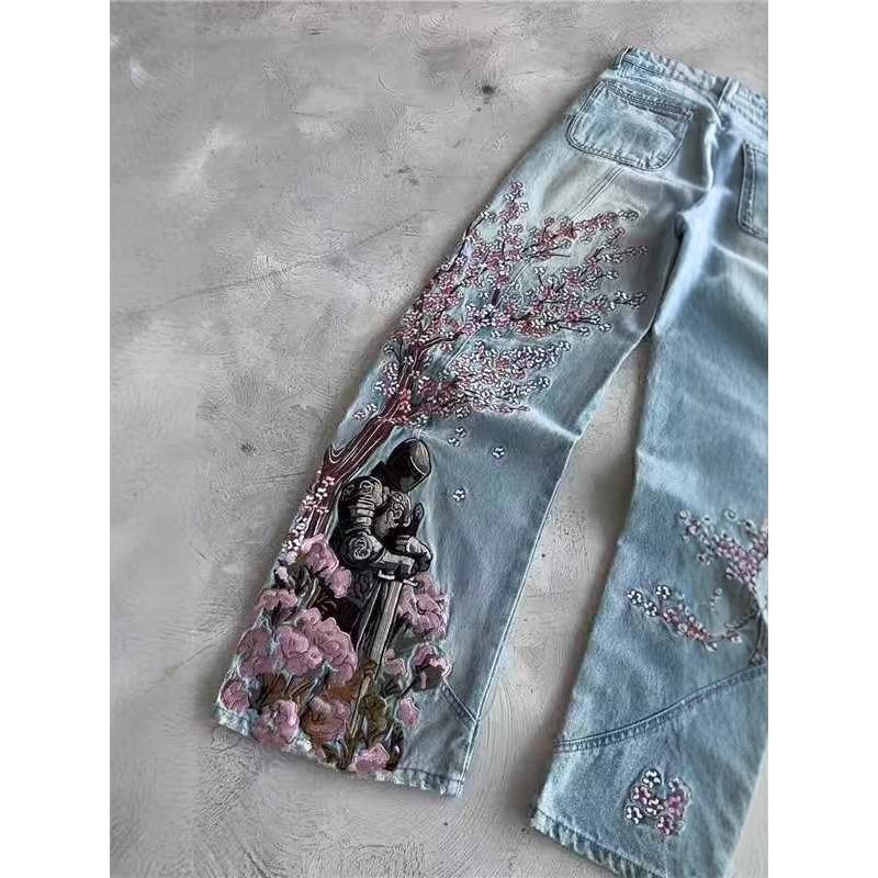 ROADVIBE Vintage Kirschblüte Schwarzer Ritter Stickerei Jeans Y2k Retro Baggy Gerade Denim Hose Blaue Waschung Jean Herrenbekleidung Streetwear