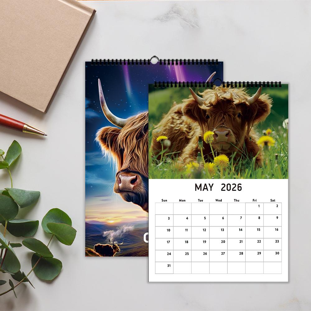 1pc 2026 Wall Calendar, Realistic Highland Cow Series, 12 Beautiful Designs, Perfect Gift for Birthdays, Christmas, New Year
