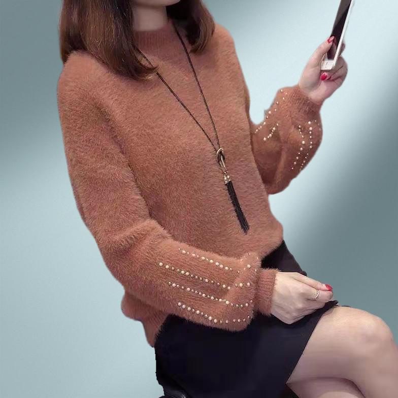 Нечеткий свитер для женщин бархатный свитер из искусственной норки женский пуловер с бисером нижняя рубашка корейские свитера из мохера с высоким воротом и длинными рукавами S 2698₽