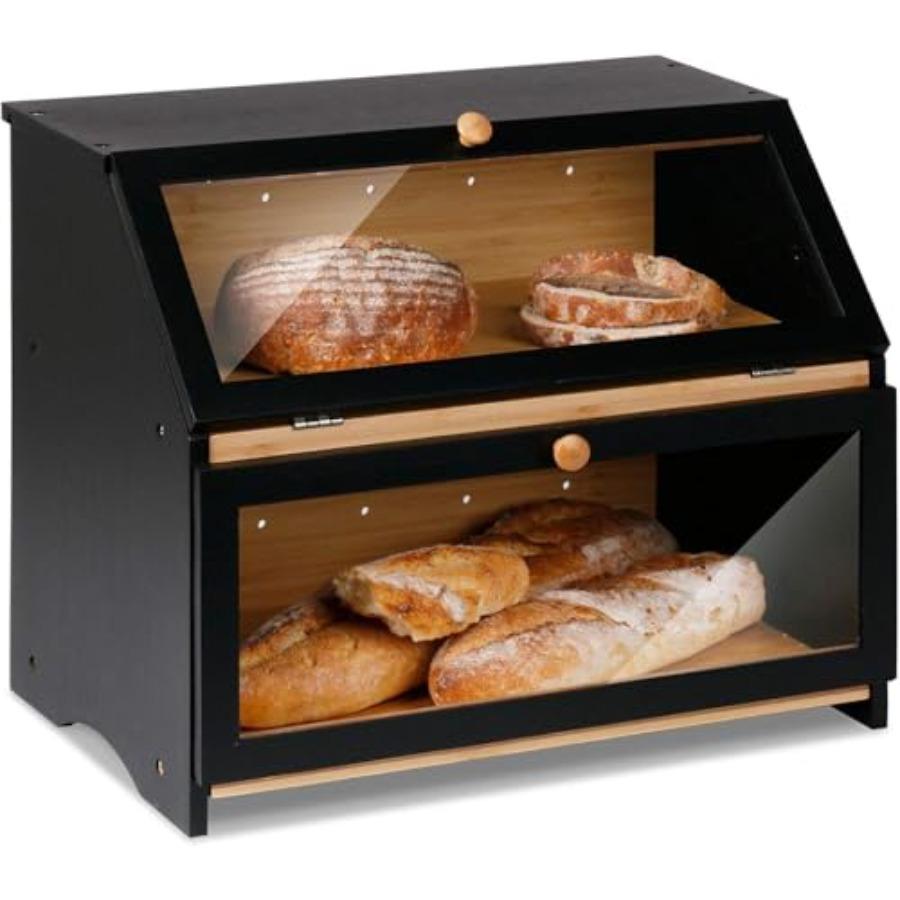 

HOMEKOKO Double Layer Large Bread Box for Kitchen Counter Wooden Large Ccity Bread Storage Bin Black United States