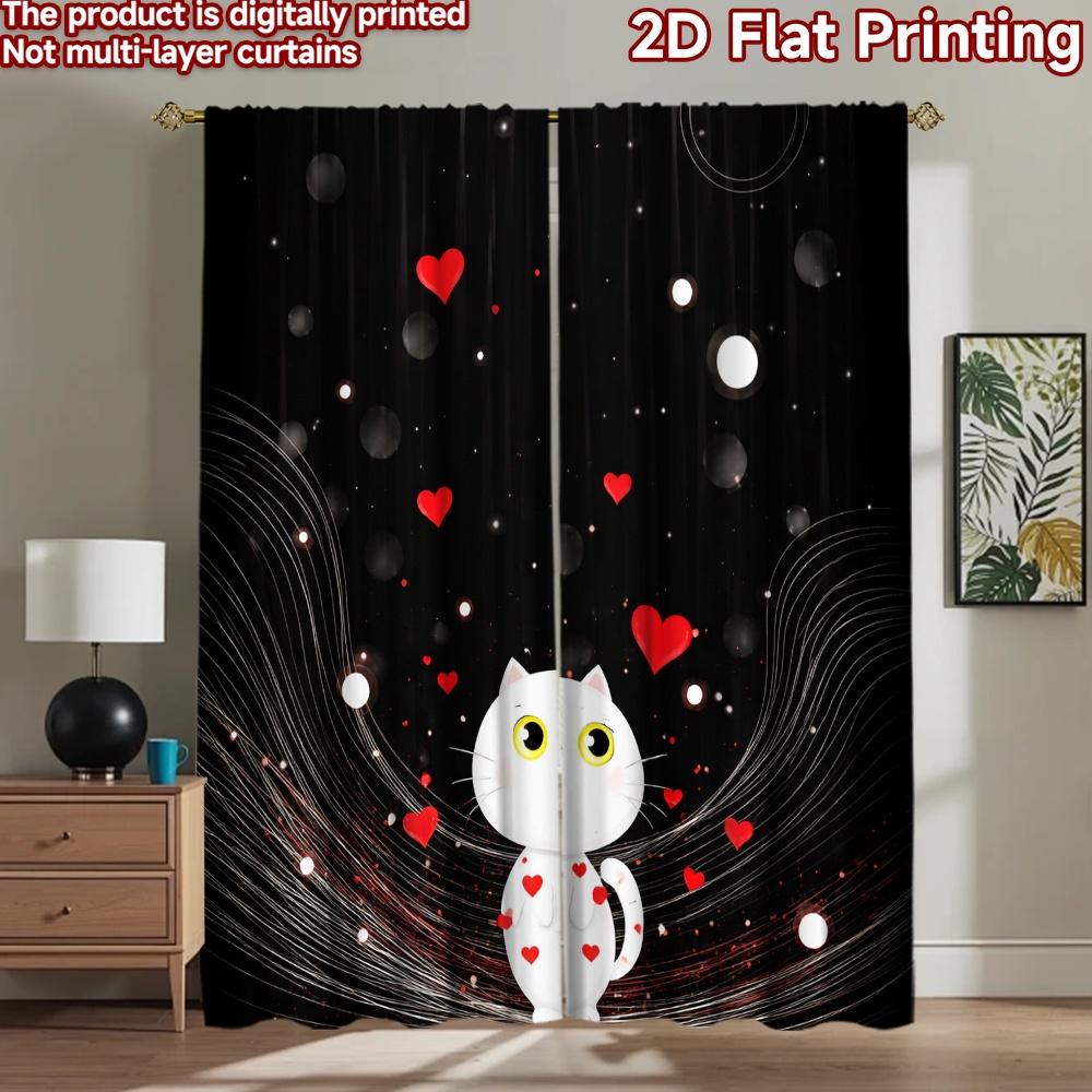 2D flat printing 2pcs Curtain Party Window Curtains Valentine's Cute Cat Digital Printed Polyester Drapes Seasonal Party &