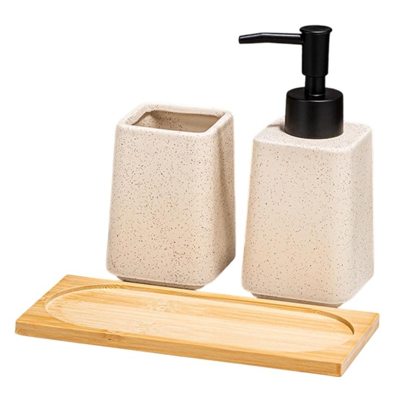 Set of 3 Ceramic Soap Dispenser Set Including Storage Tray and Toothbrush Cup for Bathroom Countertop Decoration