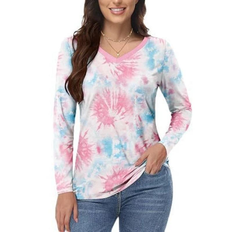 Damen 3D-Druck V-Ausschnitt Langarm T-Shirt Mode Vielseitig Trend Atmungsaktiv Lässig