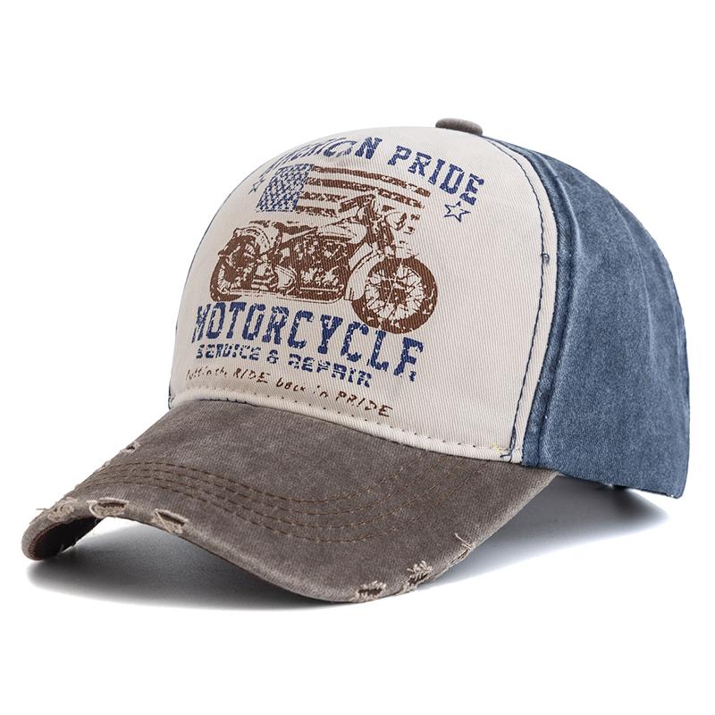 Nová baseballová čepice s potiskem motocyklů Vintage Color Block Washed Cap Nastavitelné tatínkové klobouky pro ženy Muži
