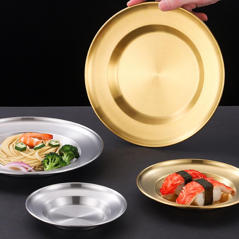 Round Kitchen Bar Tableware Cake And Fruit Snack Salad Plate Kitchen Accessories Stainless Steel Plate Camping Picnic Plate