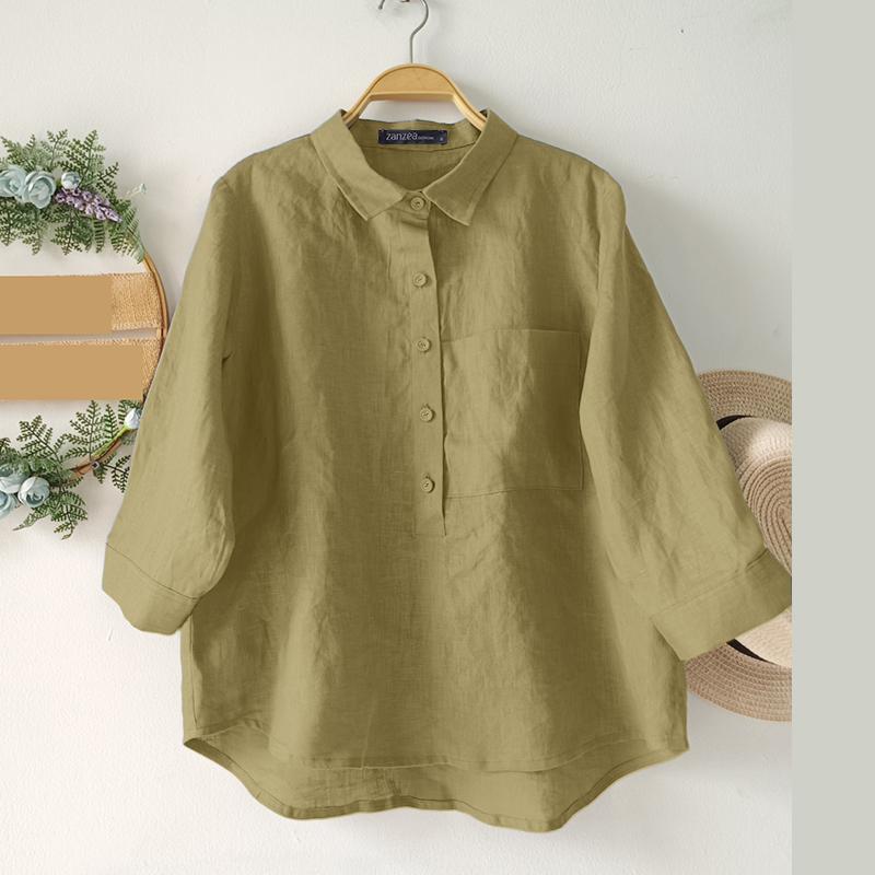 

ZANZEA Женская повседневная однотонная свободная блузка с отложным воротником и рукавами 3/4 4XL хаки