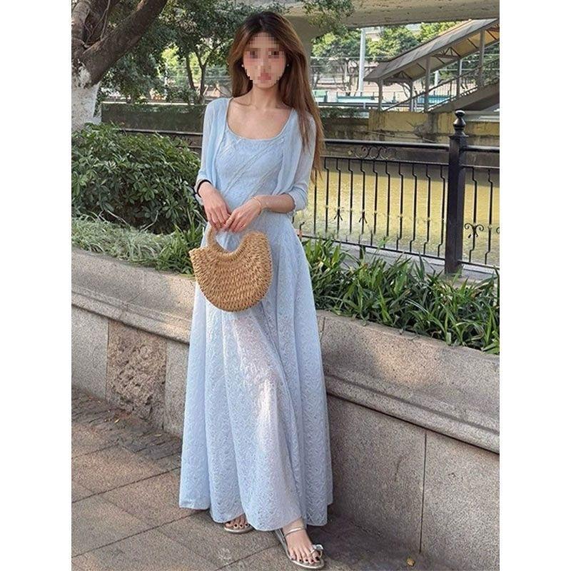 French blue square neck suspender dress women's summer seaside vacation temperament advanced sense waist thin fluffy dress