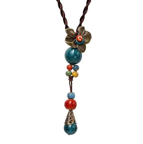 Ethnic Elegant Vintage Ceramic Beaded Tassel Necklaces Long Sweater Chain Jewelry Accessories for Women Daily Matching