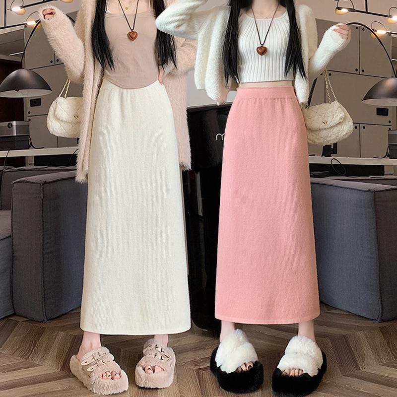 Slim-Fit Straight Women's Sweet Knitted Midi Skirt Autumn Winter Fleece-Lined Thickened Niche High Waist Split Skirt