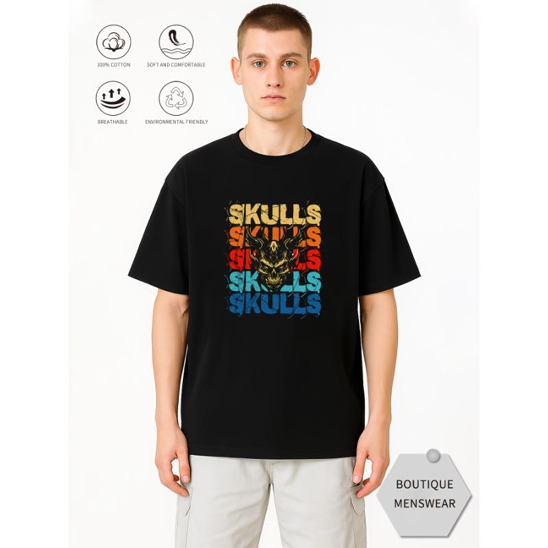 

Mens Gothic Skull Pattern Tshirt 100 Cotton Loose Casual Style Bold Devil Skull and SKULLS Letter Color Block Design 4XL