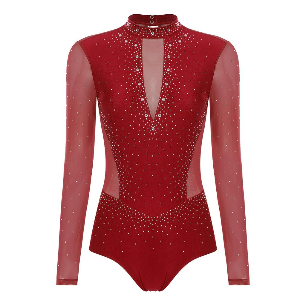 Dame Gymnastikk Kunstløp Drakter Langermet Gjennomsiktig Mesh Glitrende Rhinestone Bodysuit