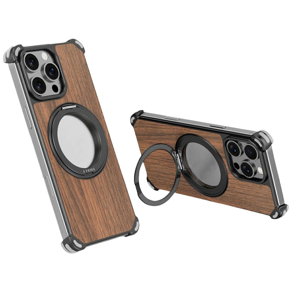 For iPhone 16 Pro Max Magnetic Case Wood + Metal Frameless Hollow Design Phone Cover with Rotating Kickstand