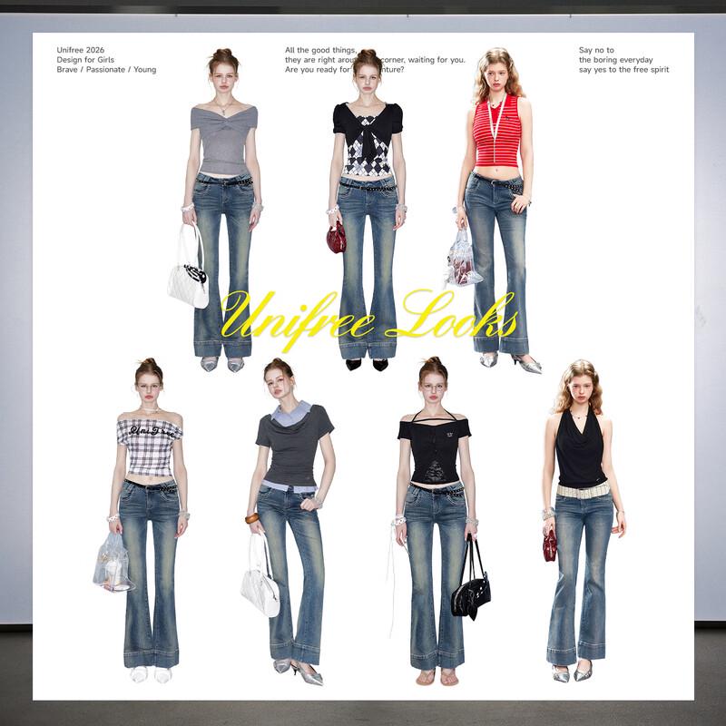 UNIFREE Low-Rise Distressed Bootcut Jeans