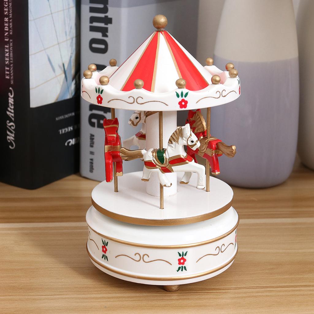 Wooden Carousel Music Box Wooden Decorative Toy Desktop Musical Box Gifts for Christmas Birthday Valentine's Day (Red)
