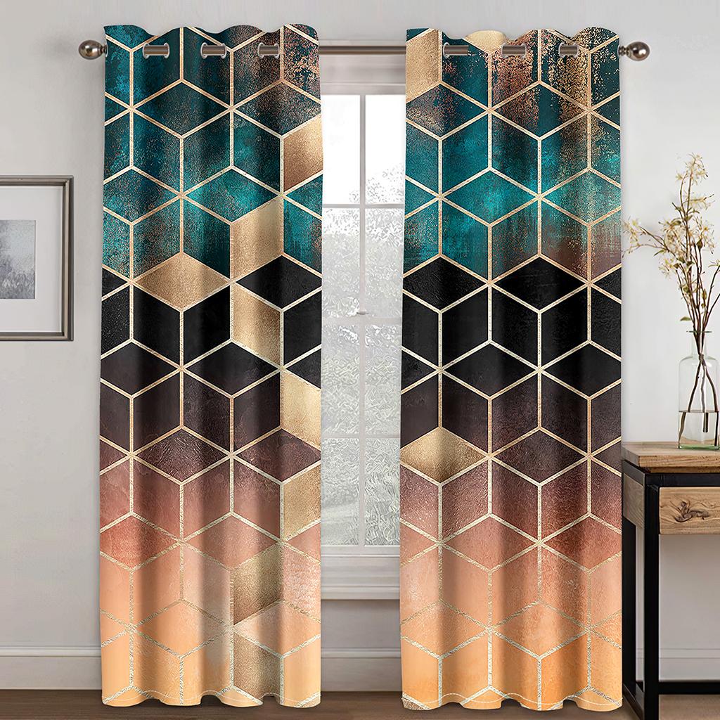 

2 шт. Стеклянный абстрактный геометрический графический узор, окрашенный карниз для штор, карман с цифровой печатью, шторы из полиэстера, материал для гостиной 2x120W270H(CM)&Hook