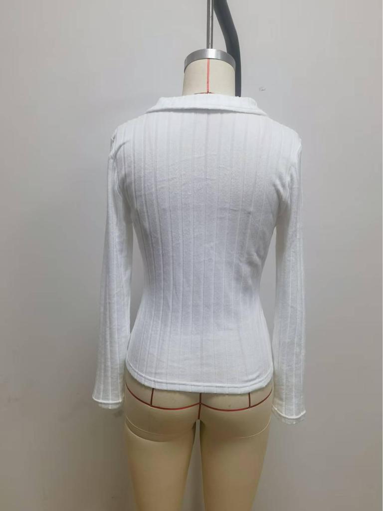 2025 Höst/Vinter Dam Enfärgad Slim Fit V-ringad Långärmad Ribbad T-shirt.