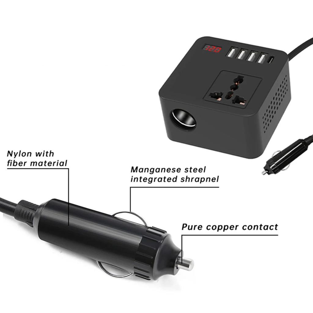 Efficient 12V 24V To 110V 220V Electricity Changer with 4 USB Ports & Type C Automotive Power Adapter for Road Trips