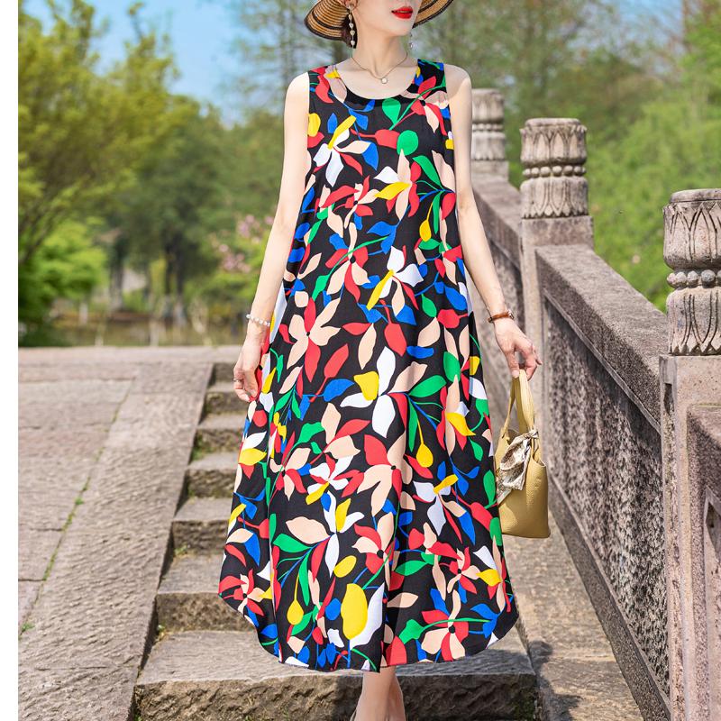 Elegant Sleeveless Dress Summer Fashion Casual Loose Vintage Print Long Dresses for Women Summer Clothes