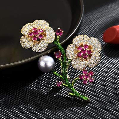 Damen Leichter Luxus Imitationsperle Pflaumenblütenbrosche mit Zirkonstiften eingelegt frisch und süß Mode Brustblume