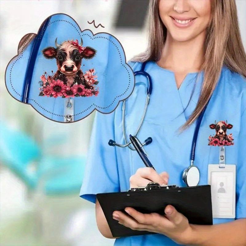 Flashing Flower & Highland Cow Badge Clip. Fun Christmas Accessory for Doctors and Professionals.